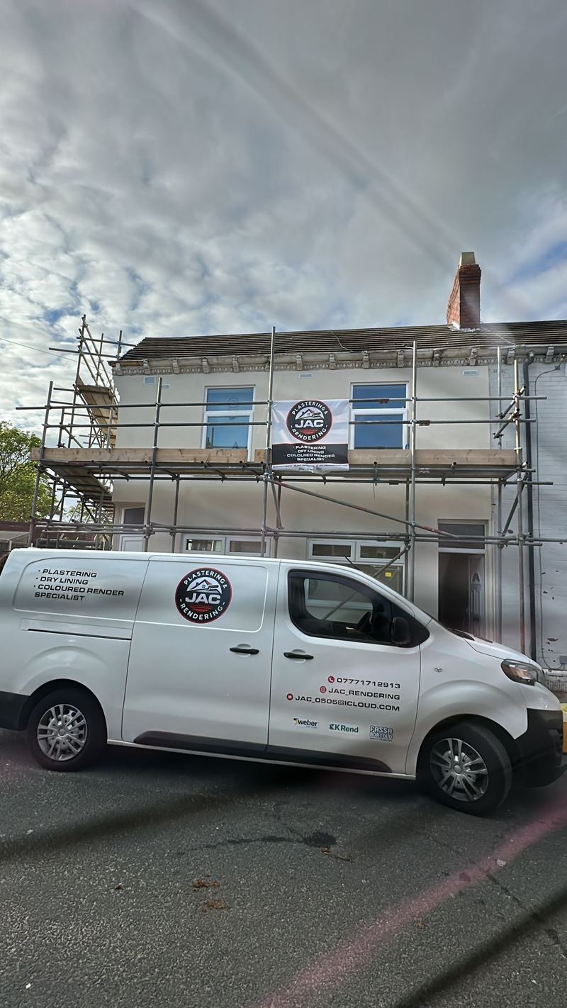 JAC Plastering & Rendering branded van and site banner, Merseyside