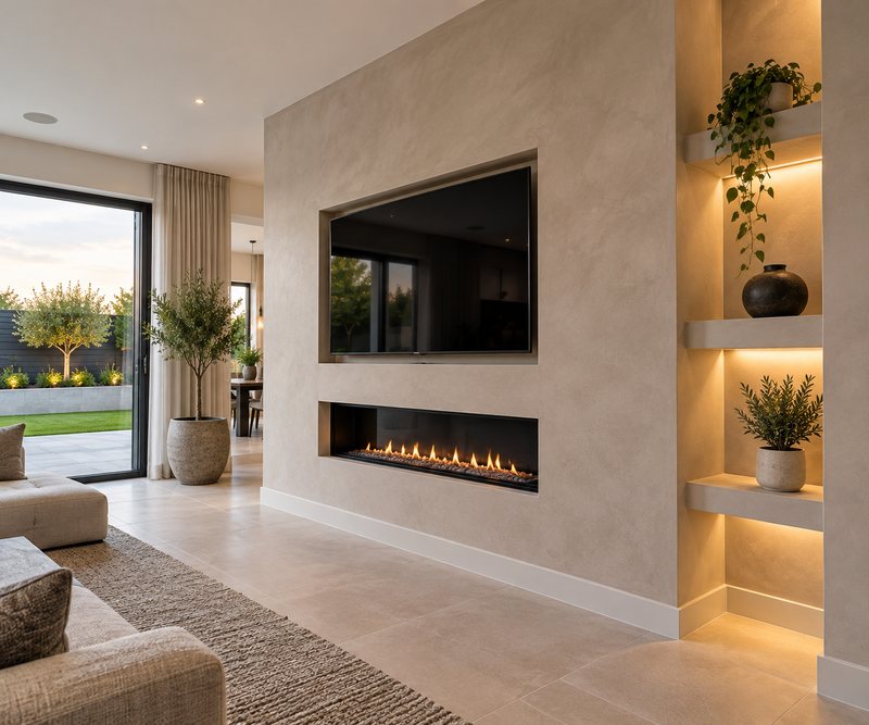 Feature wall and fireplace surround finished in smooth plaster